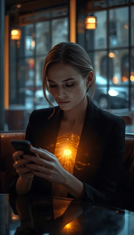Woman reading her phone in a dark café, gold light at her chest
