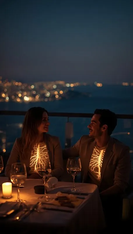 A couple at dinner, gold light between them