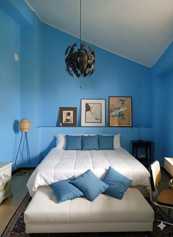 Blue bedroom, AI-assisted styling concept